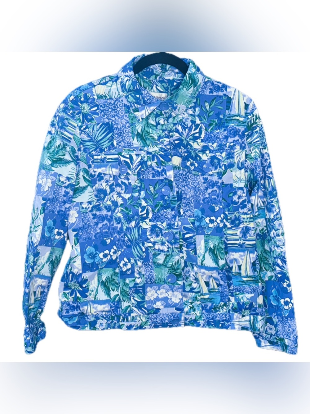 Drapers And Damons Blue Green Floral Hawaiian Jacket Coat Sz XL Coastal Grandma